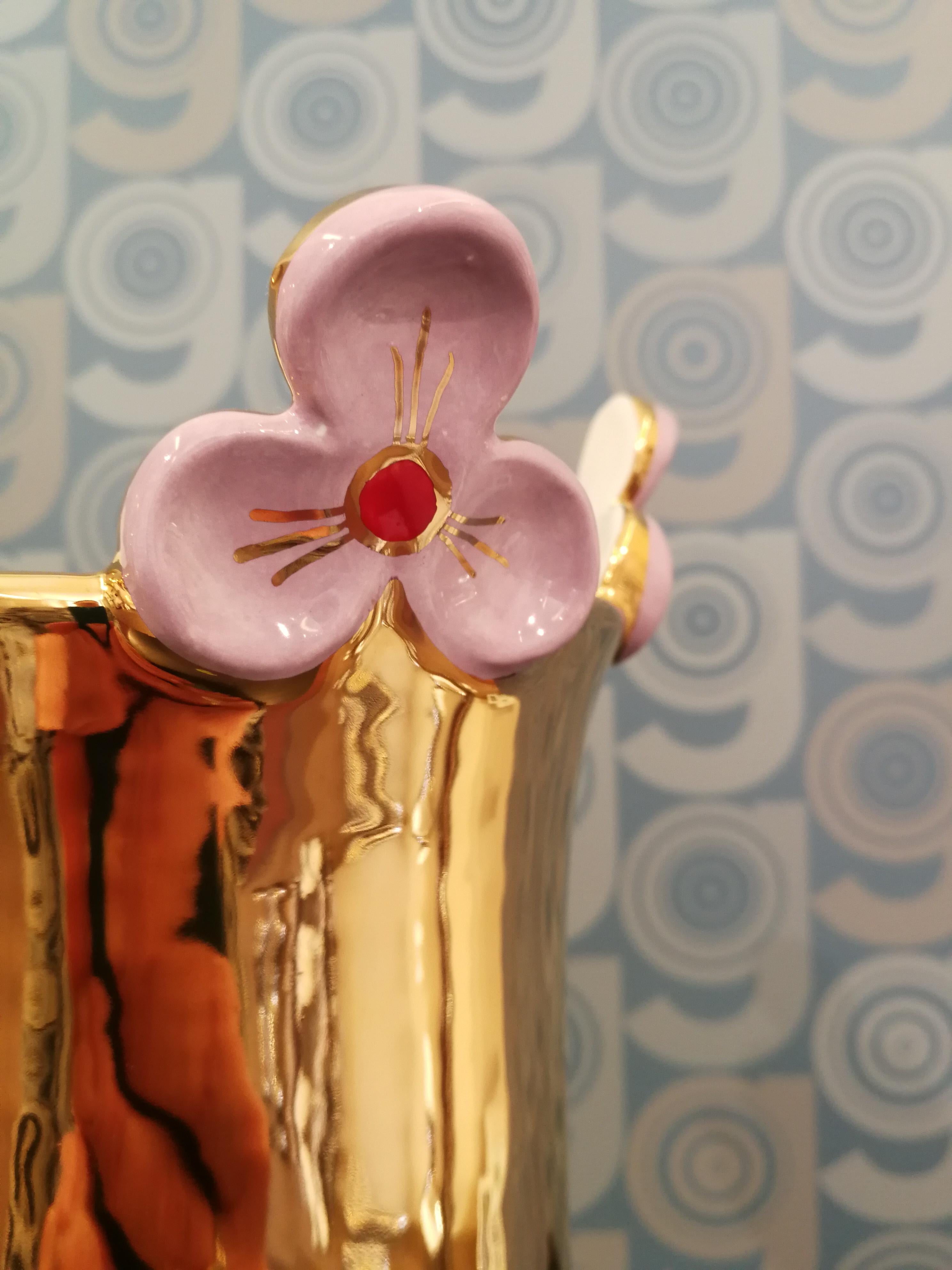 Enameled Modern Ceramica Gatti 1928 Crown Flower Vase Handmade Ceramic Gold Gems For Sale