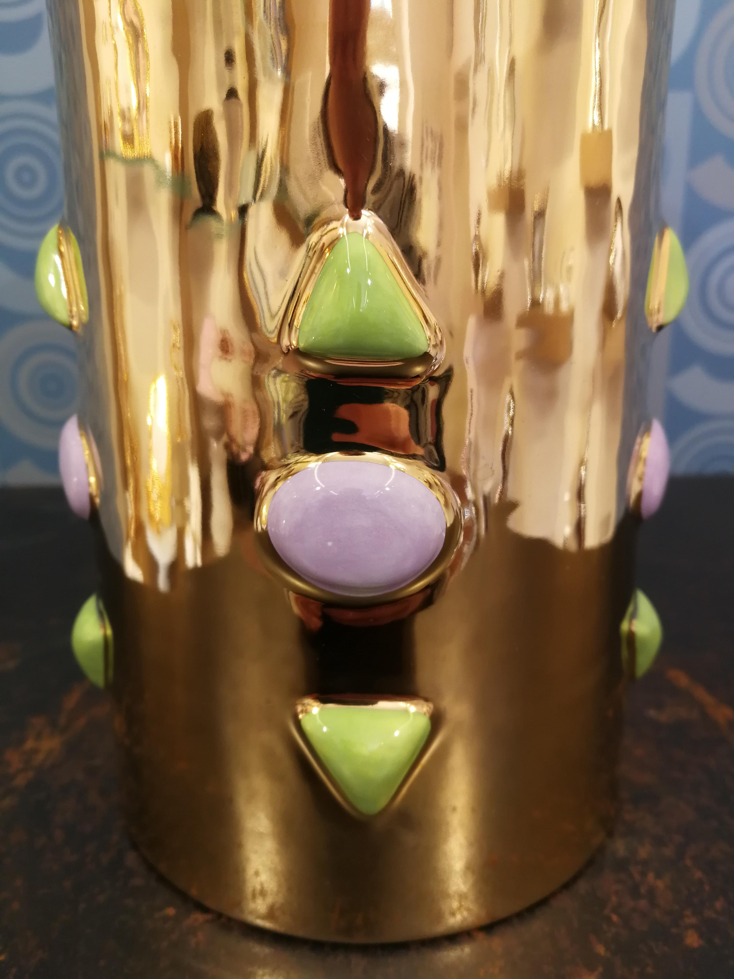 Modern Ceramica Gatti 1928 Crown Flower Vase Handmade Ceramic Gold Gems In New Condition For Sale In Faenza, IT