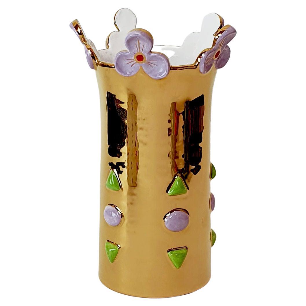 Modern Ceramica Gatti 1928 Crown Flower Vase Handmade Ceramic Gold Gems For Sale