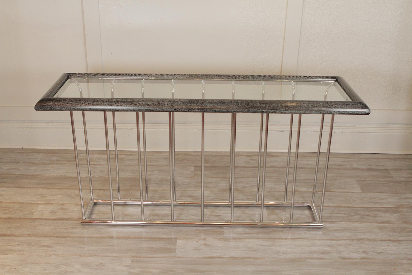 Modern cerused console or sofa table 
Dimensions: 57” W x 18” D x 27.5” H.