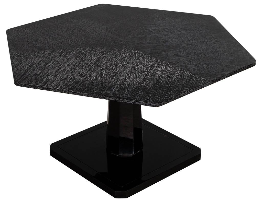 Modern cerused oak black lacquer foyer table. Beautiful black and white cerused oak hexagonal top with black lacquered hand polished pedestal. A perfect table for a foyer or breakfast nook.

Price includes complimentary curb side delivery to the
