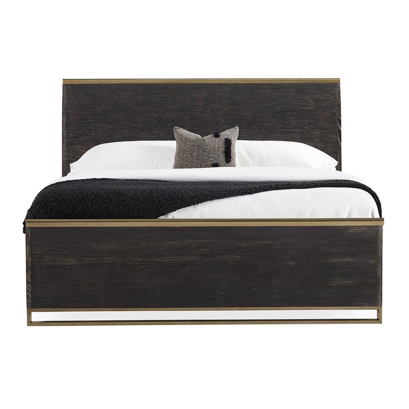 A modern cerused oak king bed with a metal rail in bronze metallic paint outlining the top of both the headboard and footboard. The headboard and footboard have a slightly curved profile. 
Dimensions
80