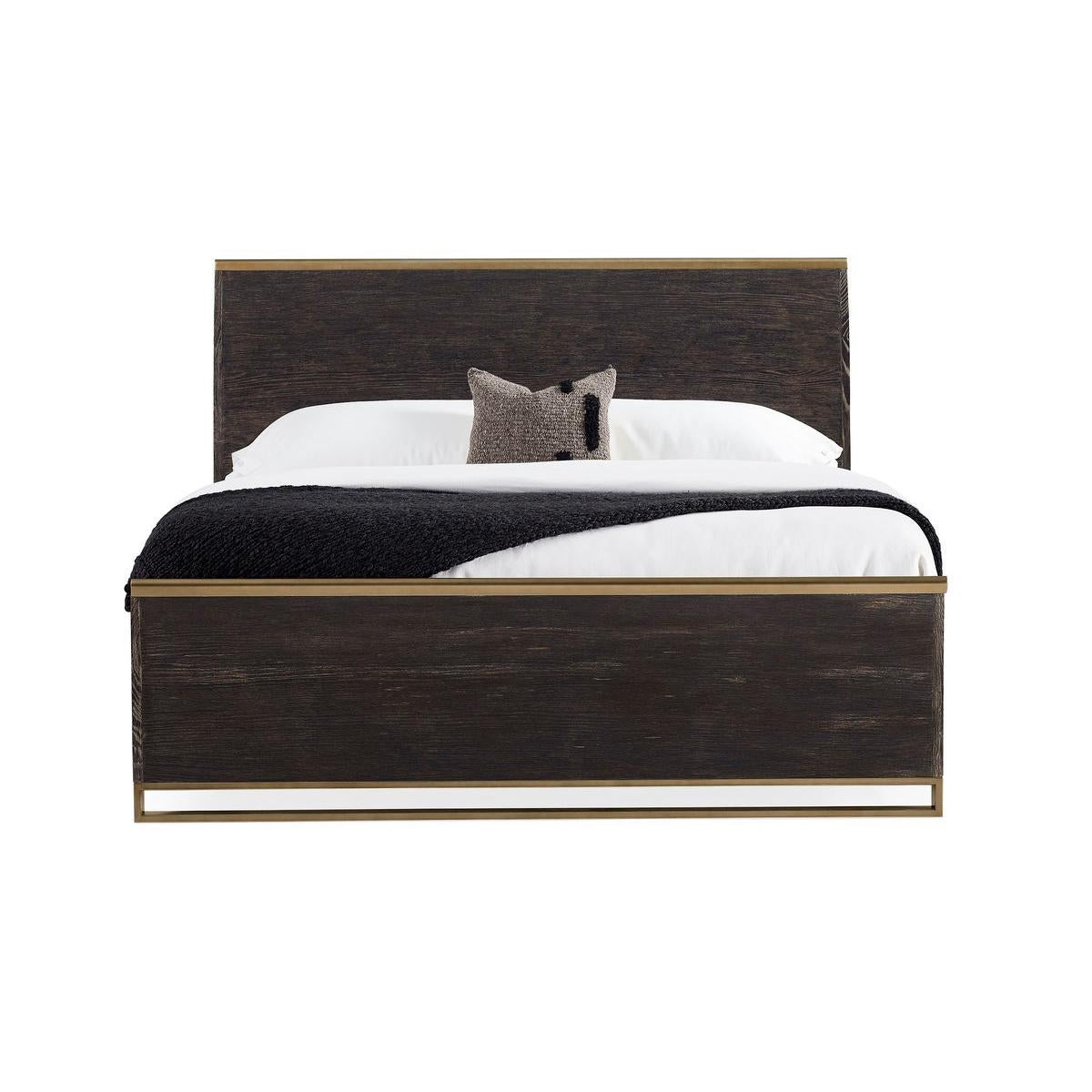 A modern Queen bed with a metal rail in bronze metallic paint outlining the top of both the headboard and footboard. The headboard and footboard have a slightly curved profile. 
Dimensions: 64