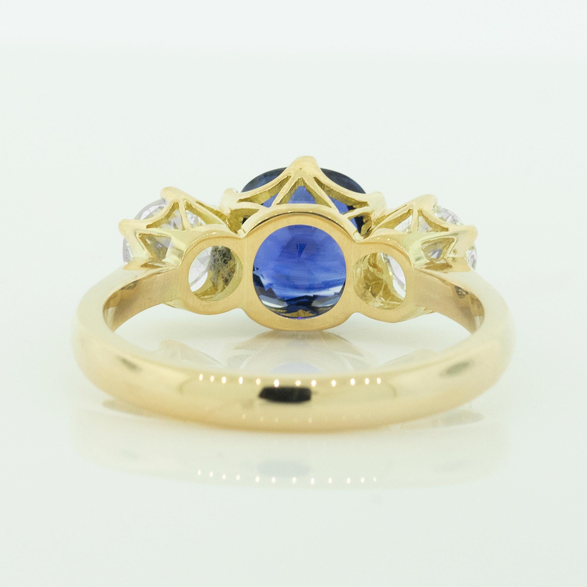 Cushion Cut Modern Ceylon Sapphire and Diamond Three Stone Handmade Ring in 18 Carat Gold  For Sale