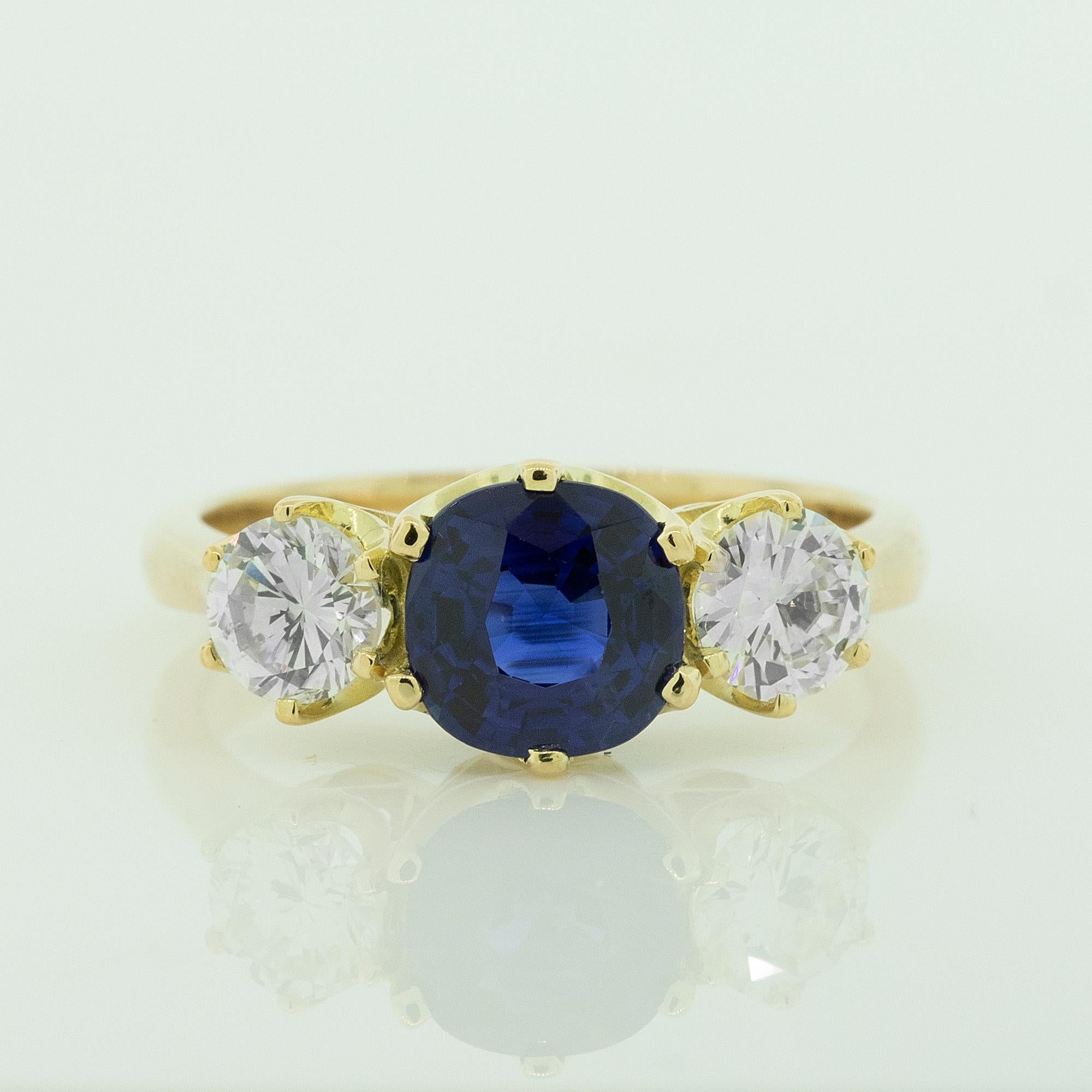 Women's Modern Ceylon Sapphire and Diamond Three Stone Handmade Ring in 18 Carat Gold  For Sale
