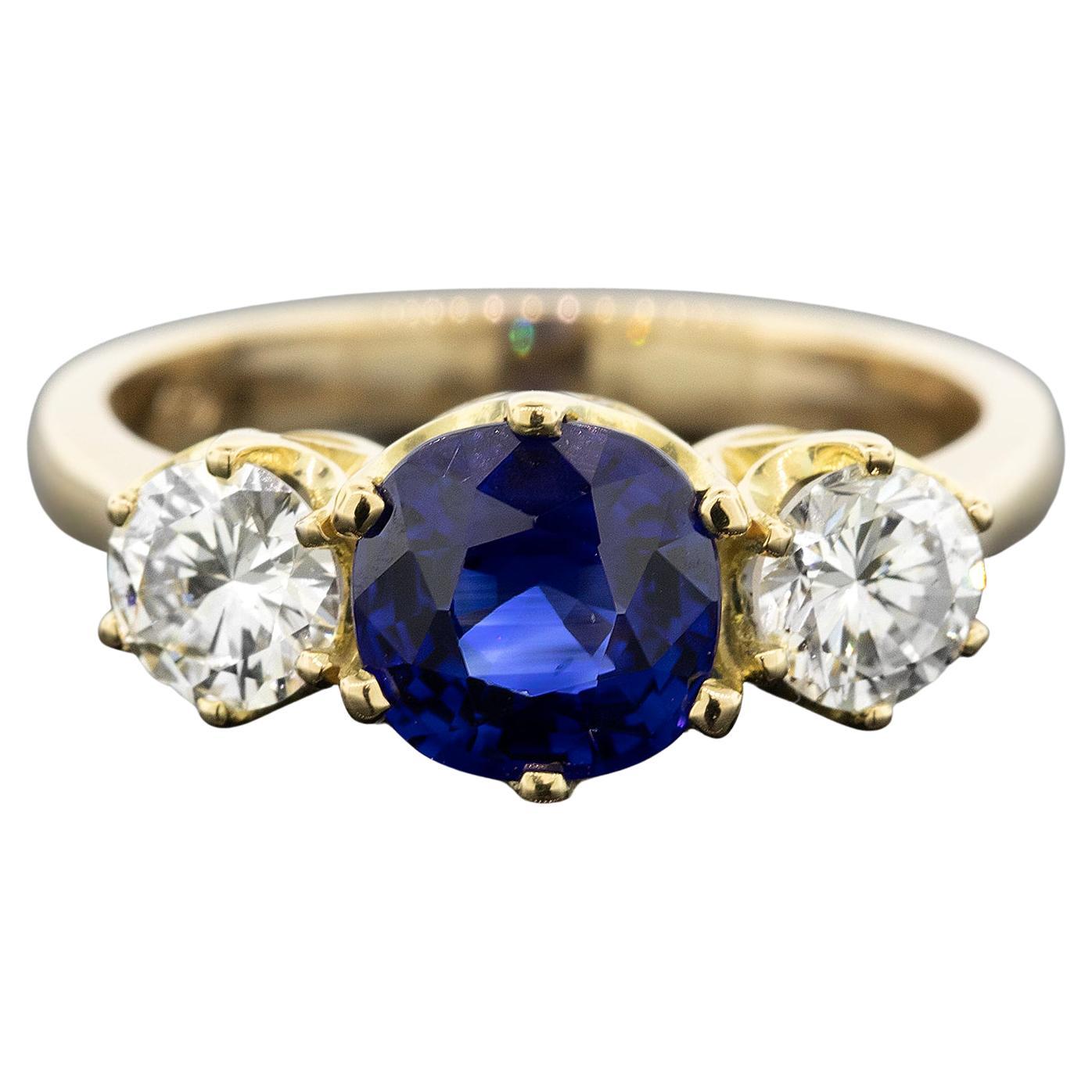 Modern Ceylon Sapphire and Diamond Three Stone Handmade Ring in 18 Carat Gold 