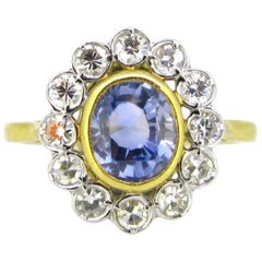 Modern Ceylon Sapphire and Diamonds Cluster Ring, 18kt Yellow and White Gold, Fr