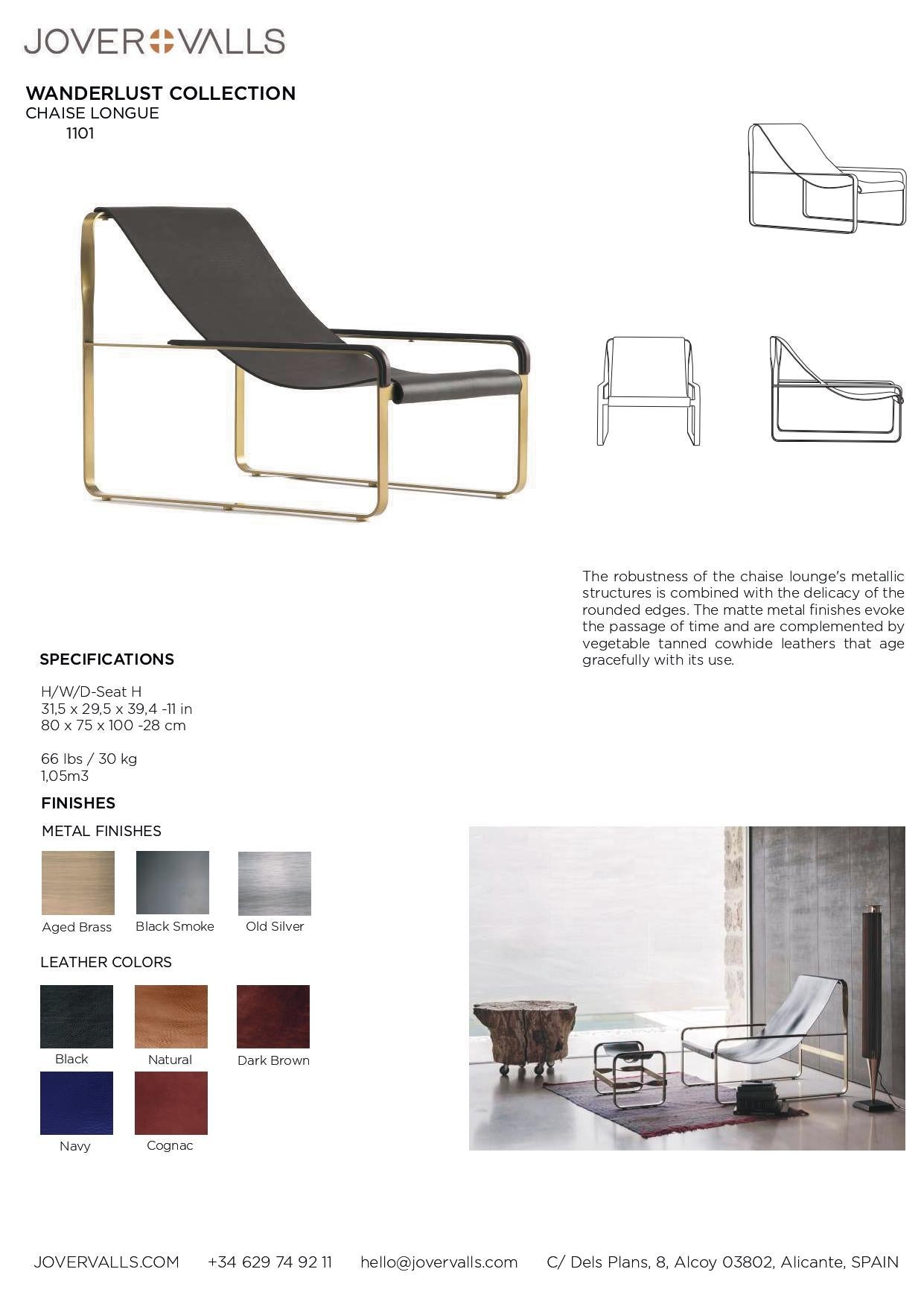 Handgefertigte Contemporary Chaise Lounge aus altsilbernem Metall und naturfarbenem Leder im Angebot 1