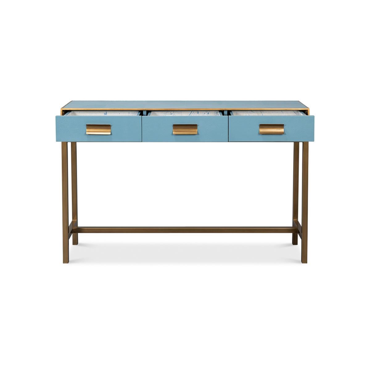 Mid-Century Modern Modern Chambray Blue Leather Wrapped Console For Sale