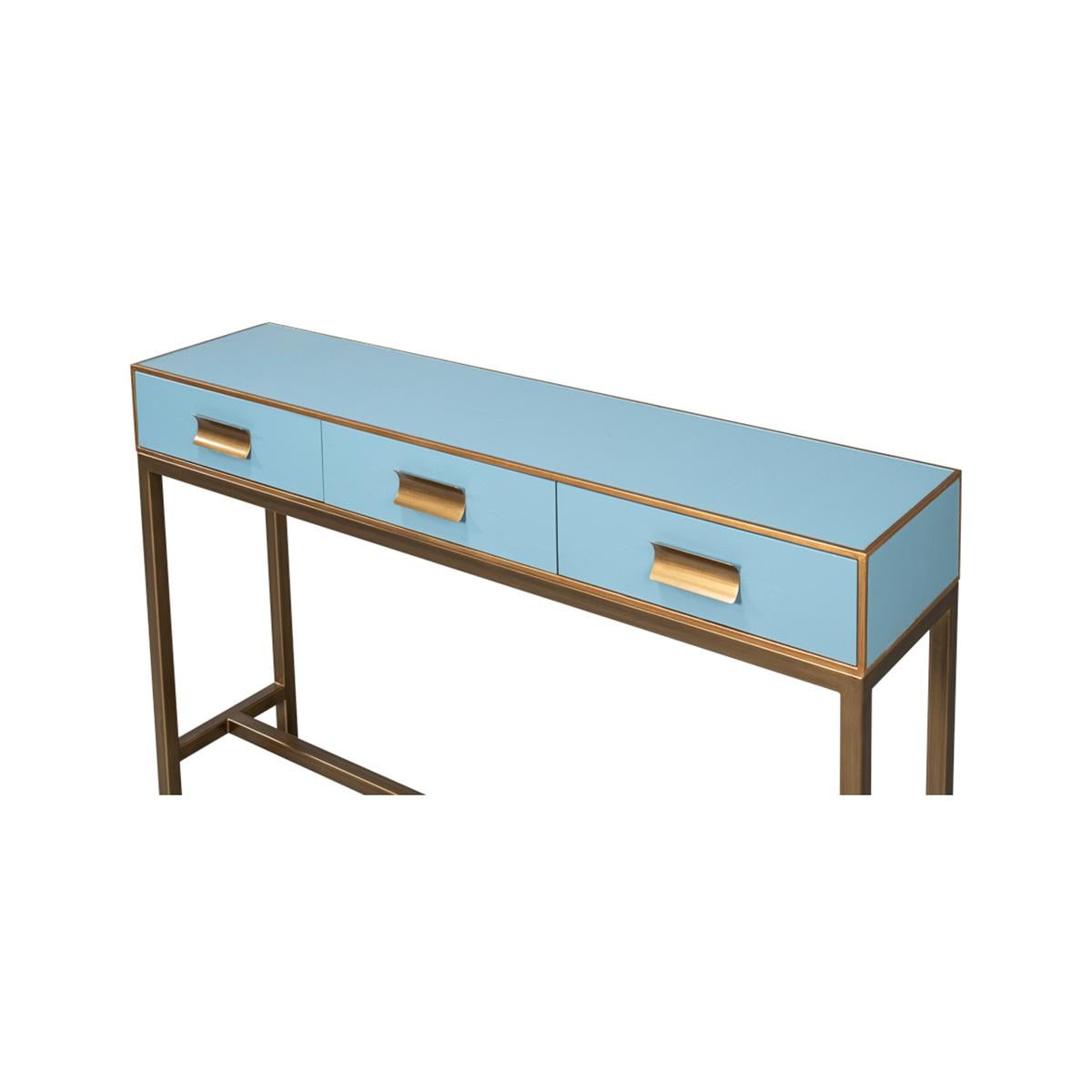 Asian Modern Chambray Blue Leather Wrapped Console For Sale