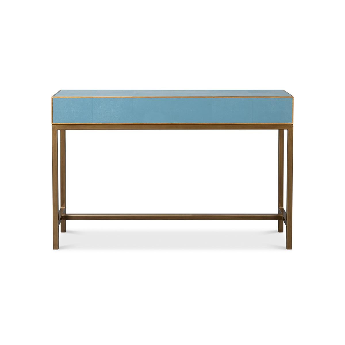 Metal Modern Chambray Blue Leather Wrapped Console For Sale