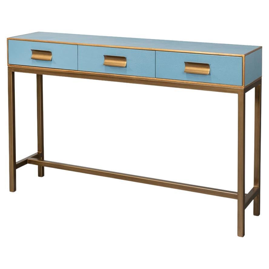 Modern Chambray Blue Leather Wrapped Console For Sale