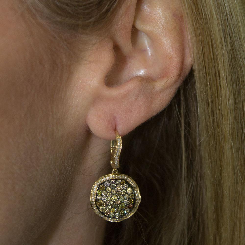 Round Cut Modern Champaigne White Diamond Dangle 14 Karat Yellow Gold Earrings