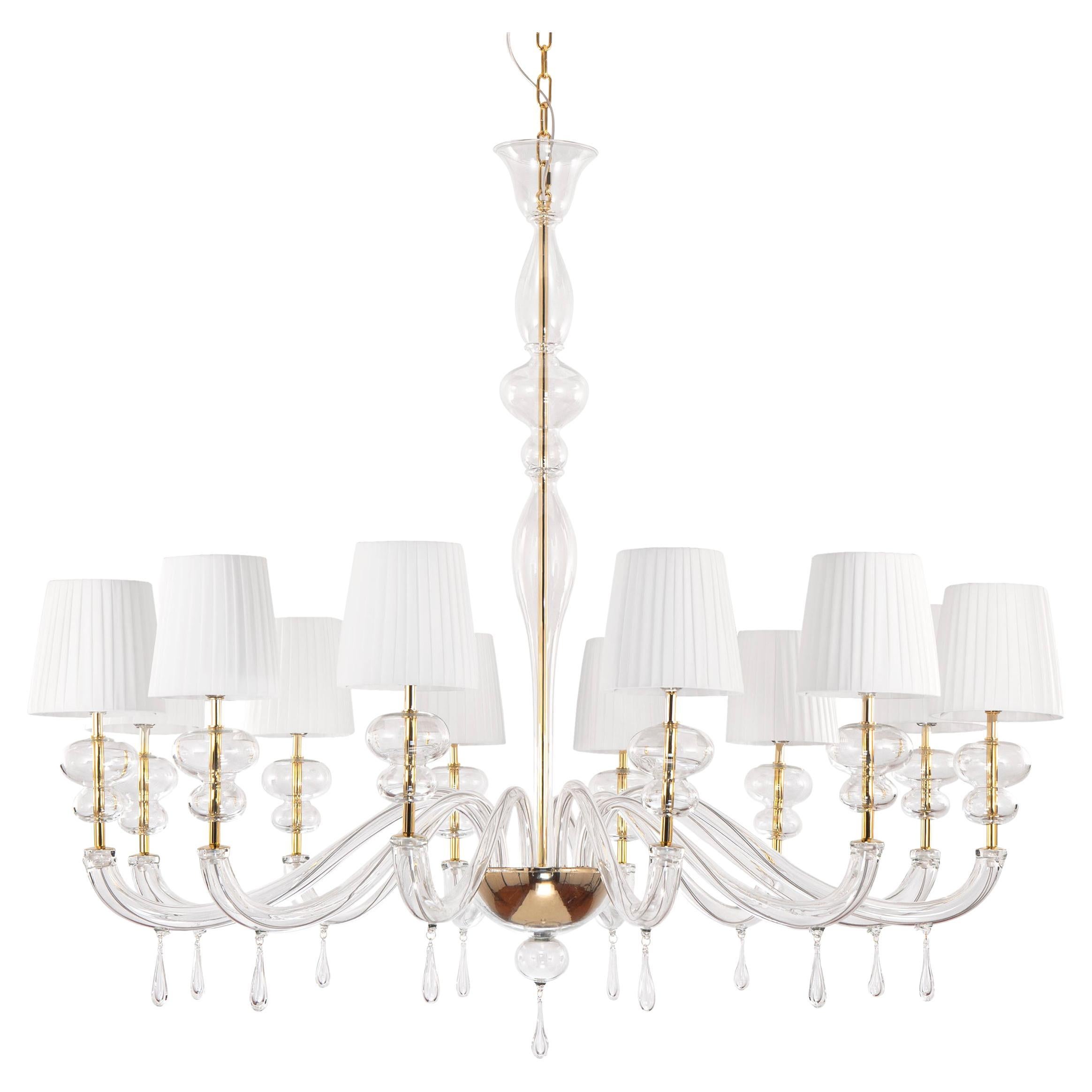 Modern Chandelier 12 Lights Crystal Murano Glass, White Lampshades by Multiforme For Sale