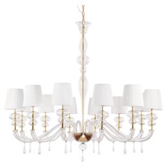 Modern Chandelier 12 Lights Crystal Murano Glass, White Lampshades by Multiforme