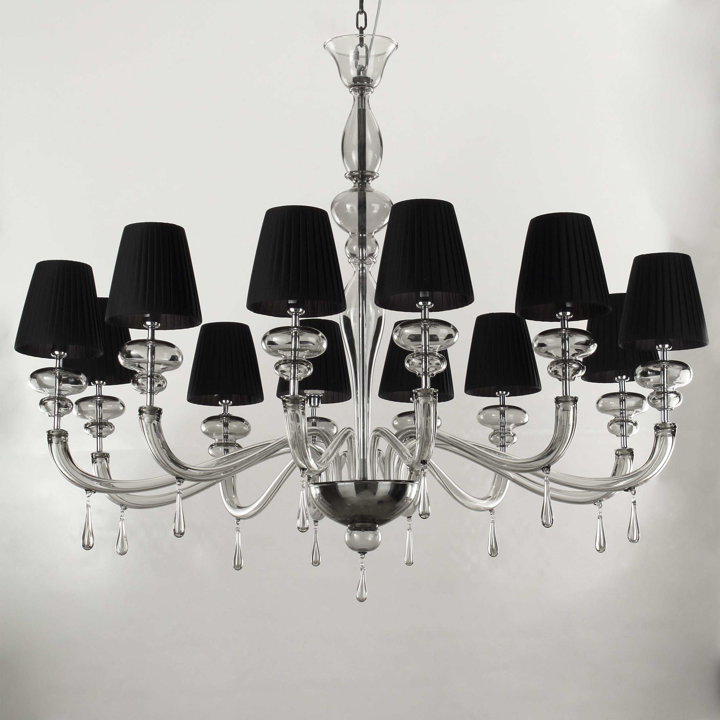 Modern Elegant chandelier 12 lights grey murano Glass, black lampshades by Multiforme
A collection of chandeliers and wall lights made of Murano glass. The surface of the glass is smooth, the metal details are nickel plated (or gold plated) and the