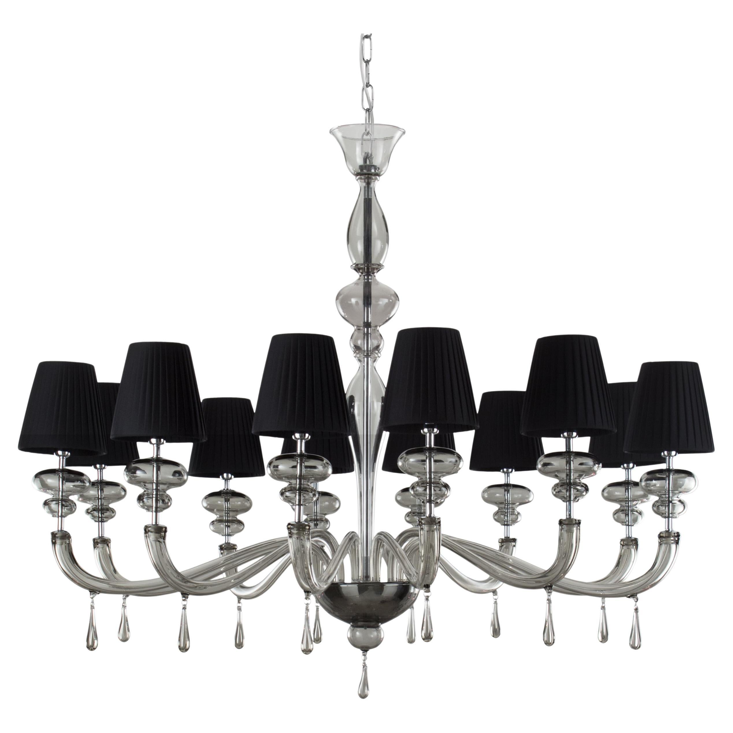Modern Chandelier 12 Lights Grey Murano Glass, Black Lampshades by Multiforme For Sale