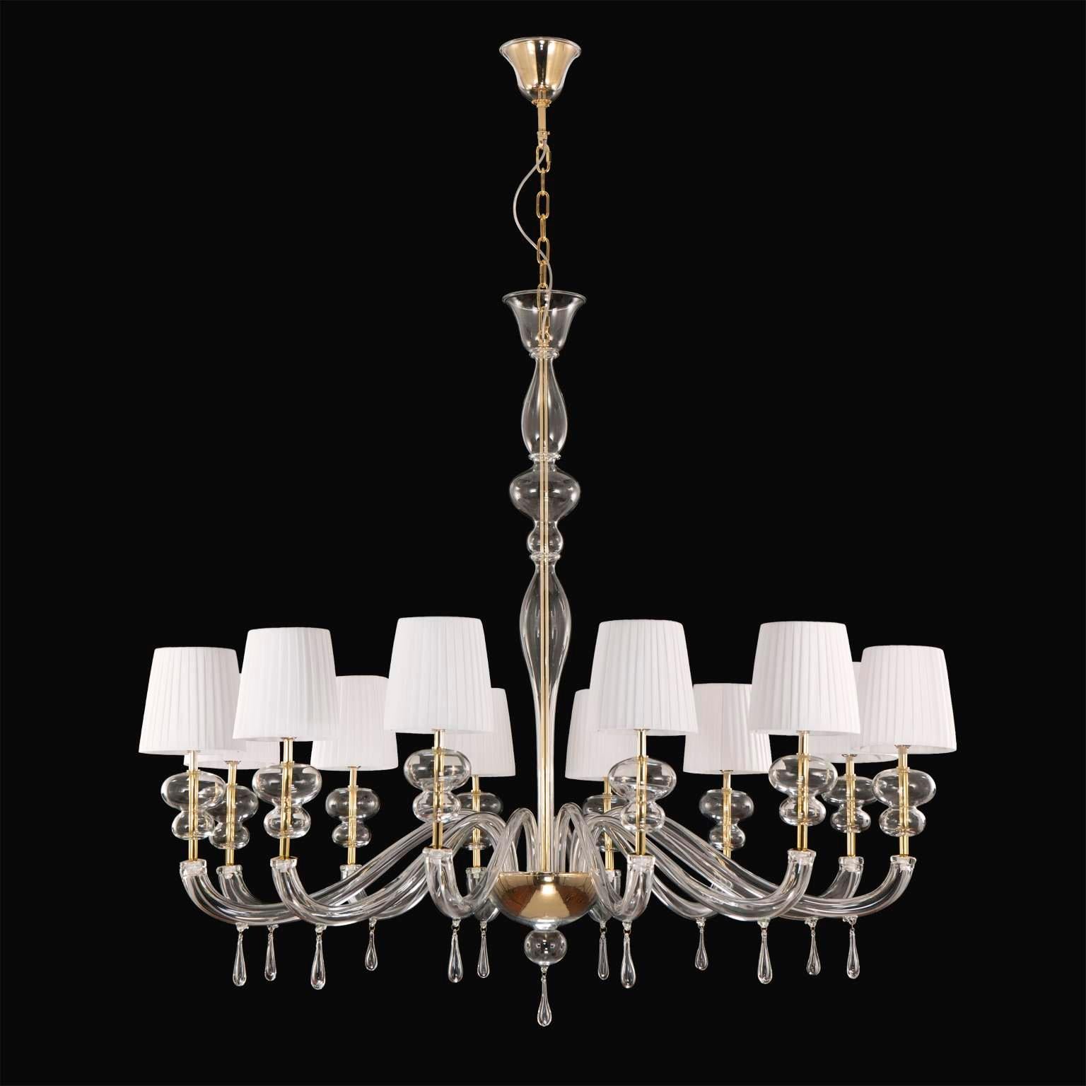 Modern Elegant chandelier 12 lights crystal murano Glass, white lampshades by Multiforme
A collection of chandeliers and wall lights made of Murano glass. The surface of the glass is smooth, the metal details are nickel plated (or gold plated) and