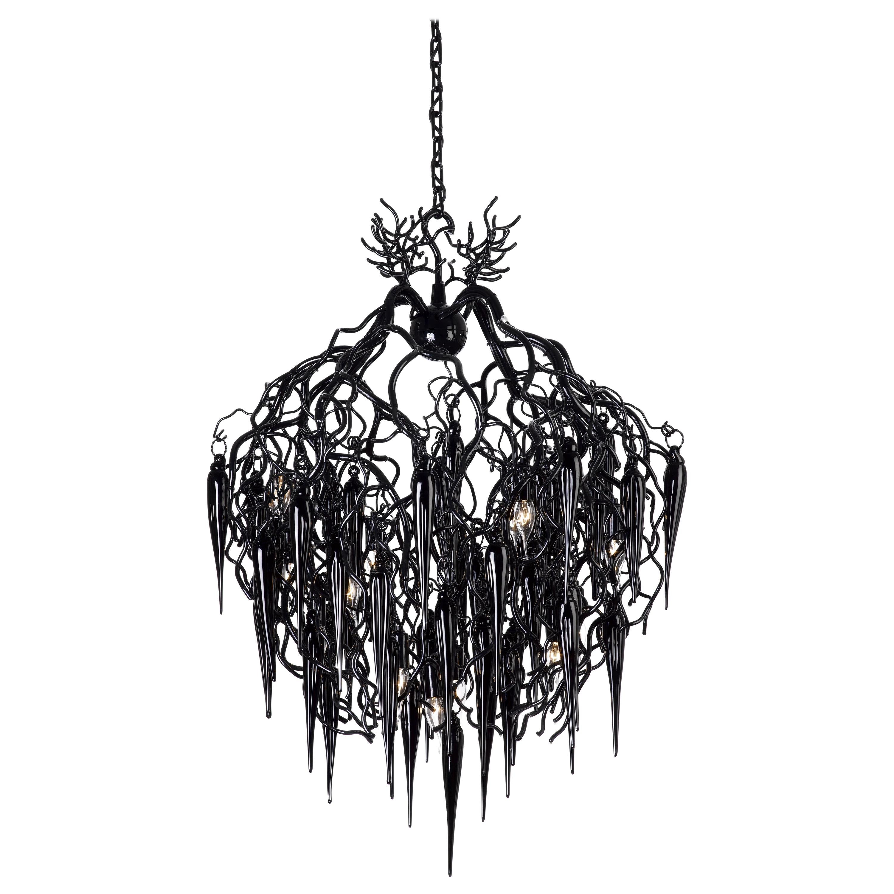 Modern Chandelier Conical in a Black Finish with Mouthblown Glass Icicles 
