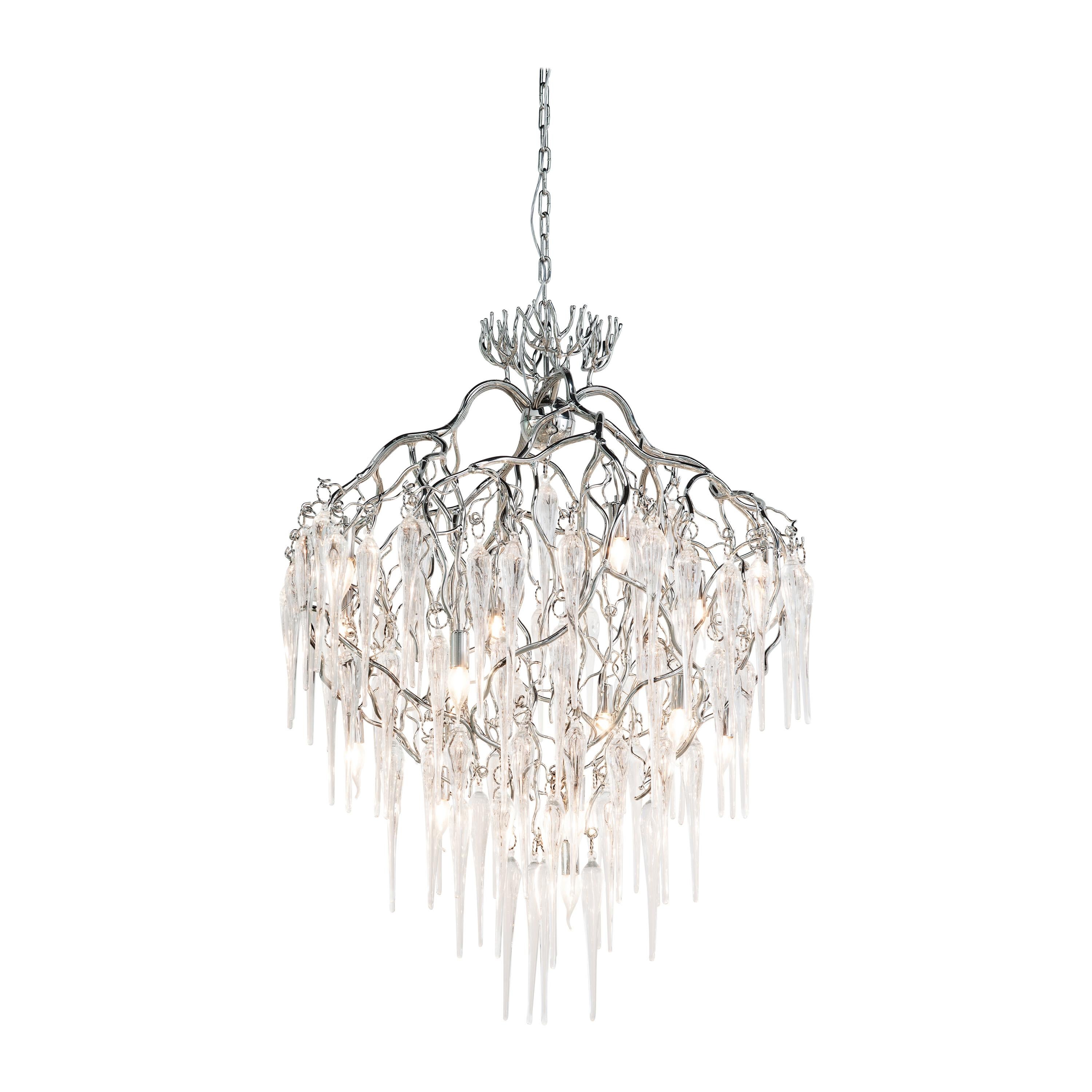 Modern Chandelier Conical in a Nickel Finish with Mouthblown Glass Icicles  For Sale