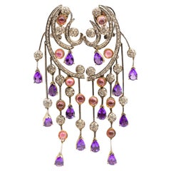Modern Chandelier Earrings in Amethyst, Tourmaline and Diamonds