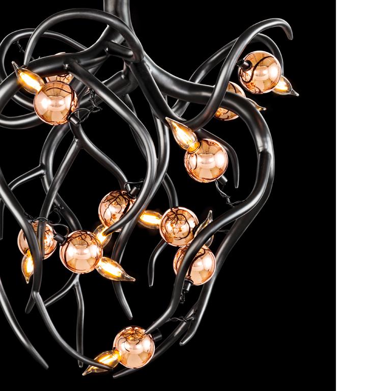The Eve, a modern chandelier in a black matt finish and conical shape, is designed by William Brand, founder of Brand van Egmond. Stirring the senses as well as bringing light, the Eve chandelier is available in a round, oval or conical chandelier.