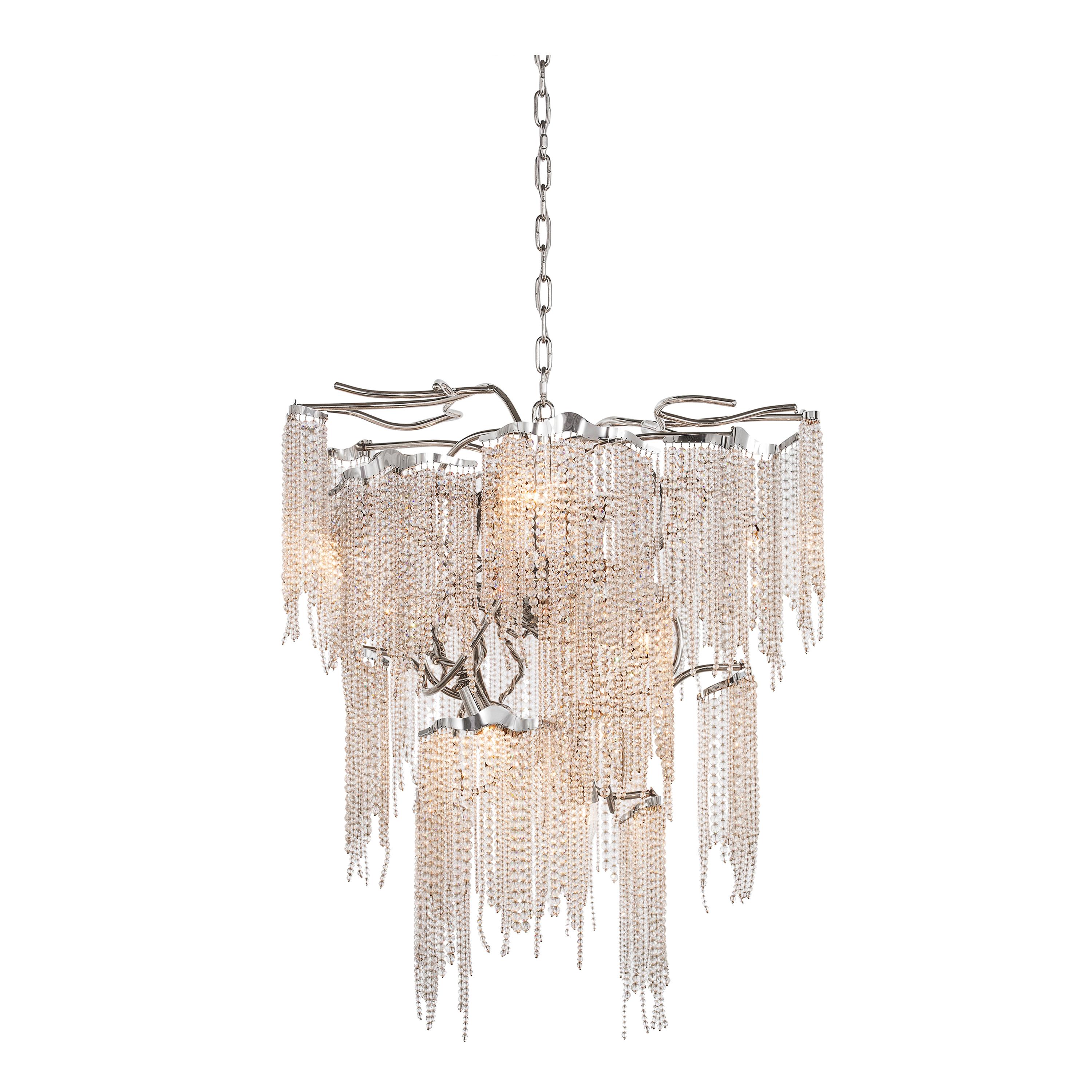 Modern Chandelier in a Conical Shape and in a Nickel Finish with Crystals