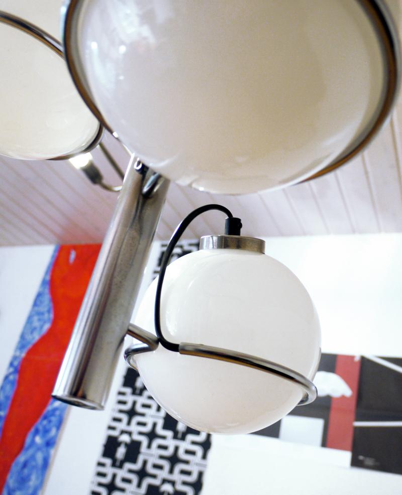 Mid-20th Century Modern Chandelier Opaline Glass Globes and Chrome in the Manner of Gino Sarfatti