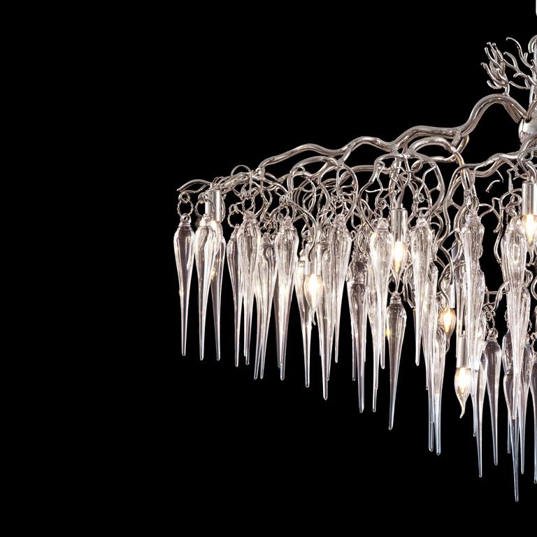 Dutch Modern Chandelier Oval in a Nickel Finish with Mouthblown Glass Icicles For Sale