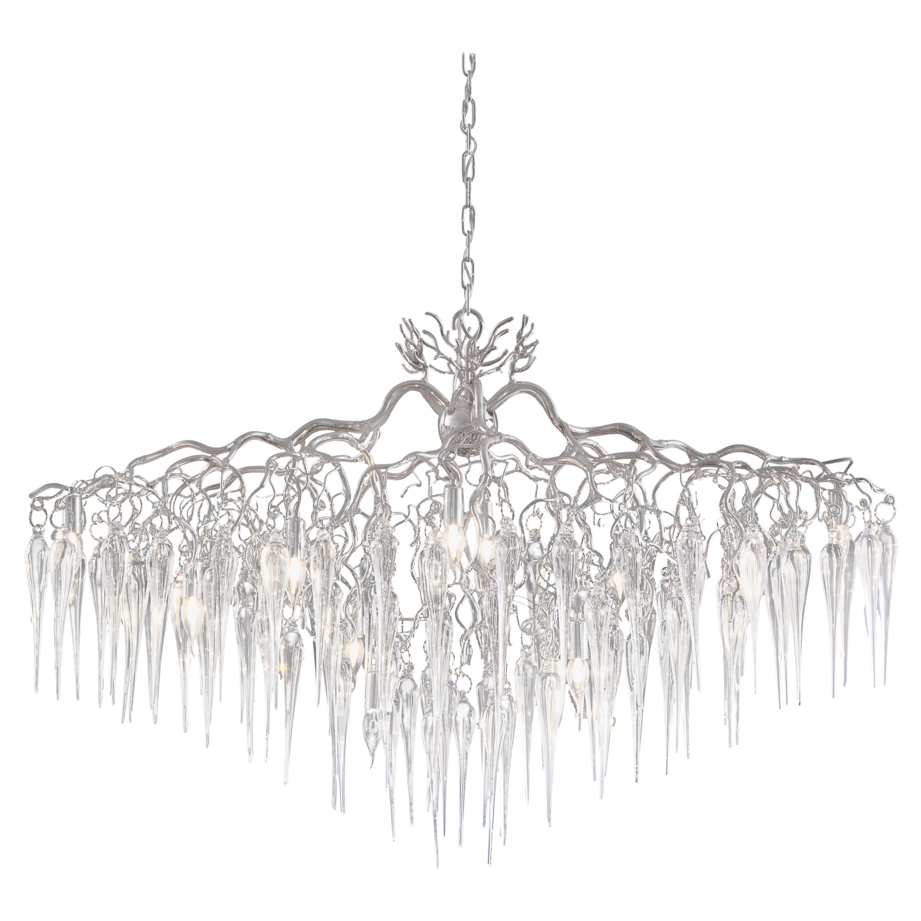 Modern Chandelier Oval in a Nickel Finish with Mouthblown Glass Icicles 