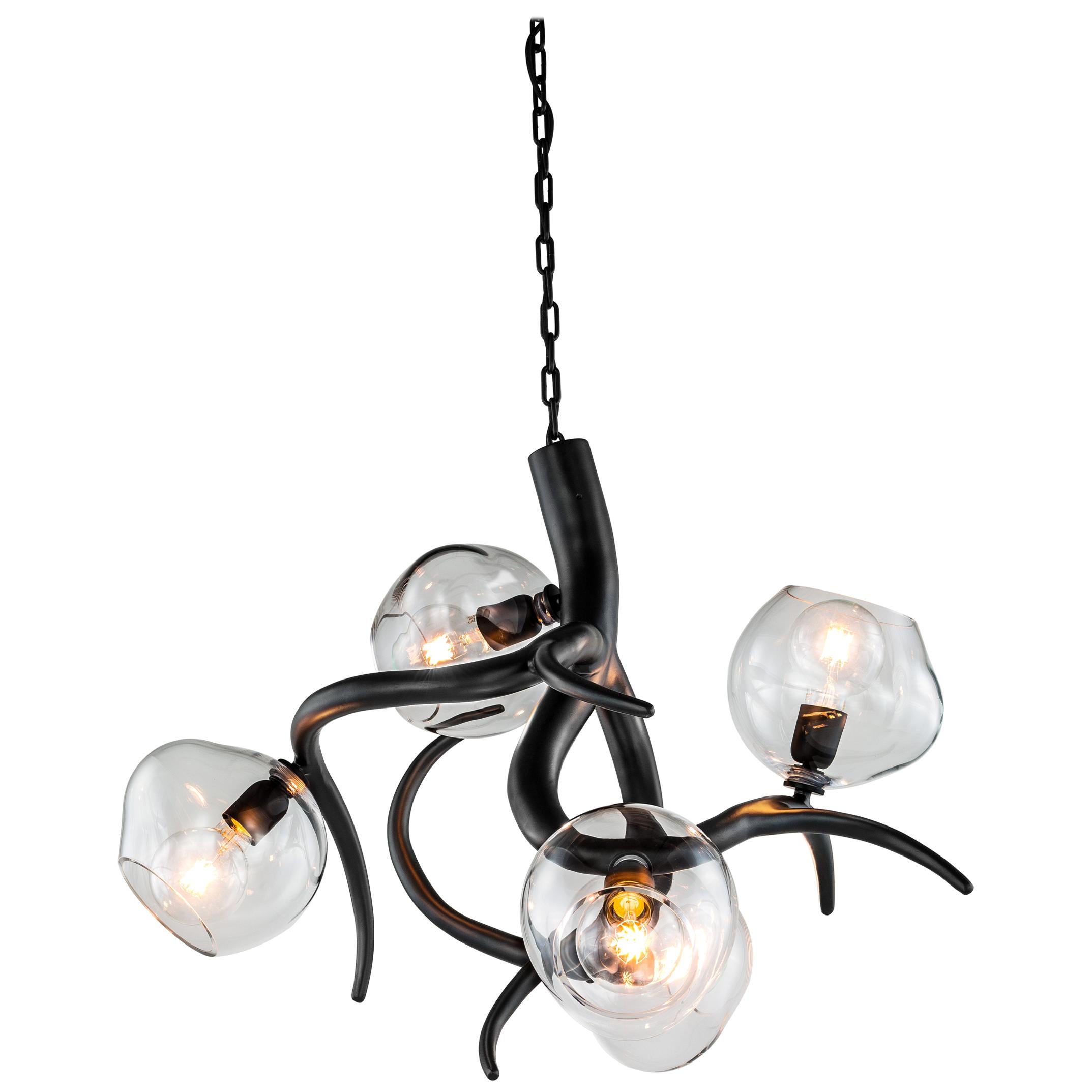 Modern Chandelier with Colored Glass in a Black Matt Finish, Ersa Collection For Sale