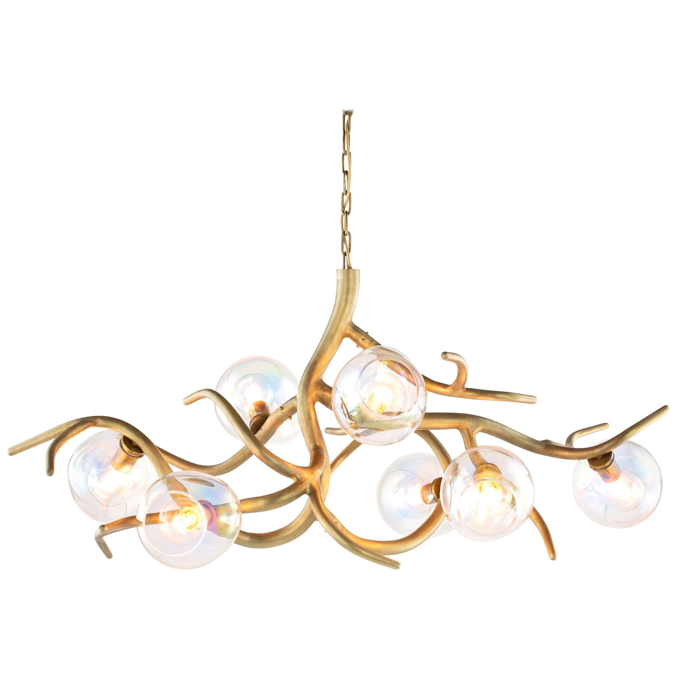 Modern Chandelier with Colored Glass in a Brass Burnished Finish, Ersa