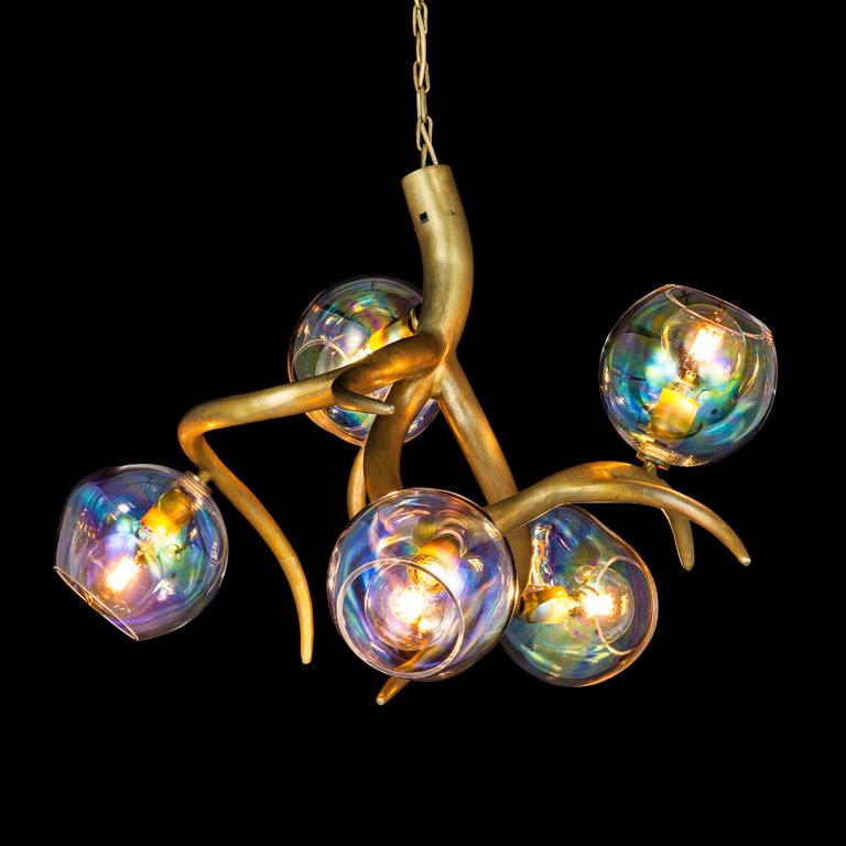 Modern Chandelier with Colored Glass in a Brass Burnished Finish, Ersa