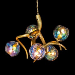 Modern Chandelier with Colored Glass in a Brass Burnished Finish, Ersa 