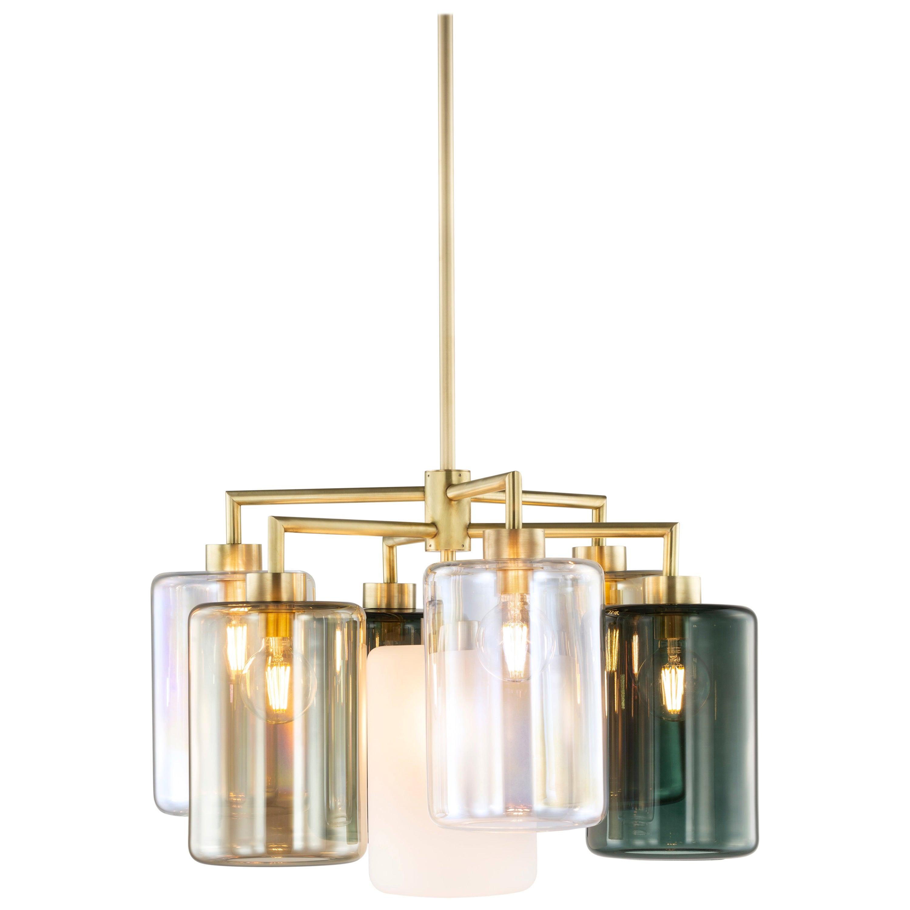 Modern Chandelier with Colored Glass in a Brass Burnished Finish, Louise For Sale