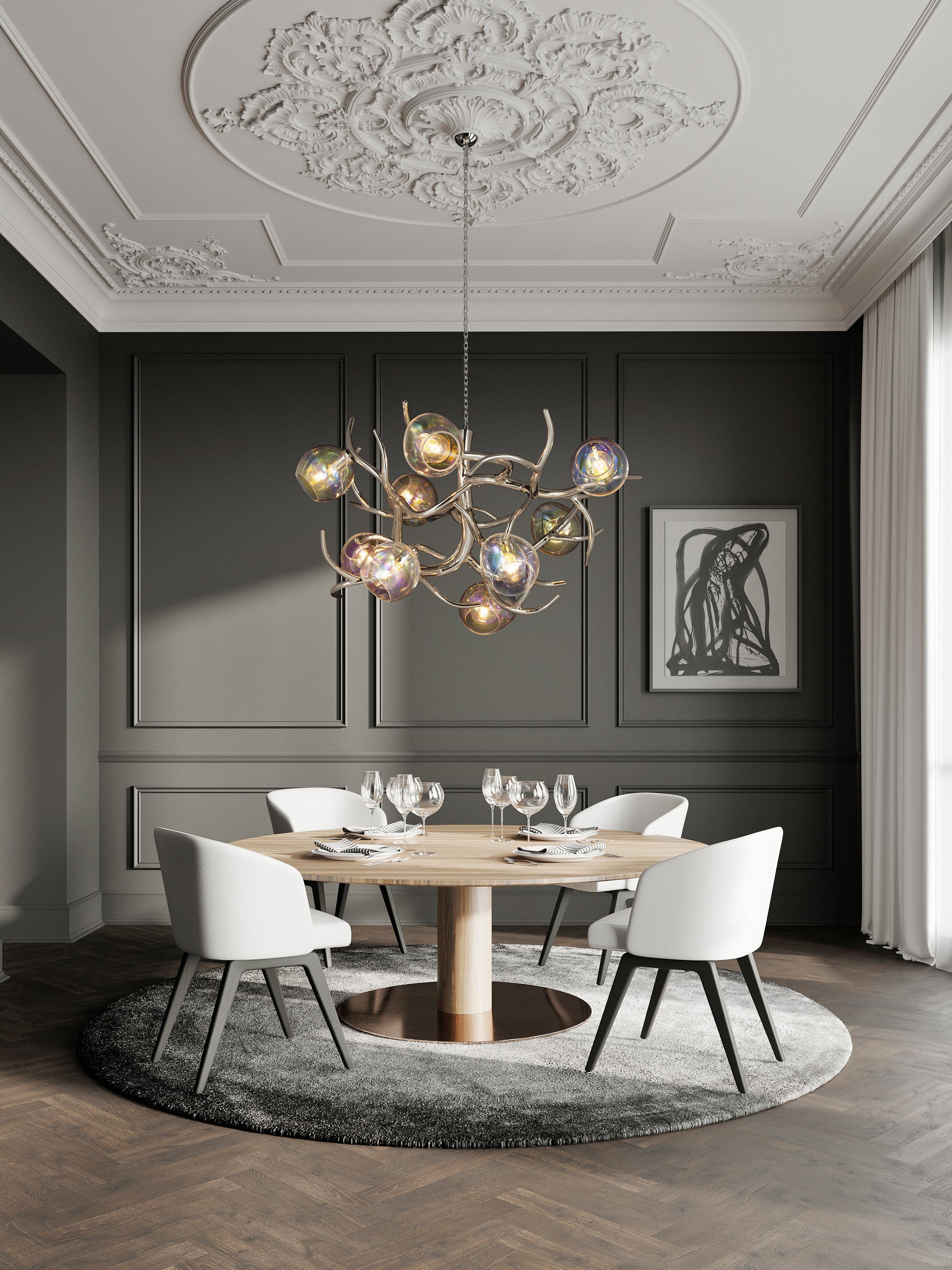 Hand-Crafted Modern Chandelier with Colored Glass in a Nickel Finish, Ersa Collection For Sale