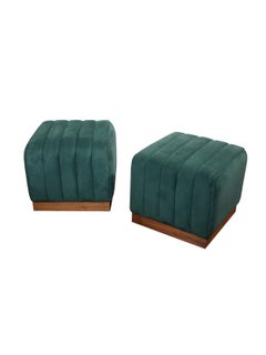Modern Channel Detailed Nubuck Leather Upholstered Ottomans W/ Walnut Base S/Pr
