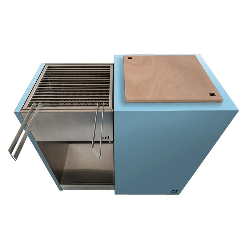 Modern Charcoal Barbecue with Sliding Grills, Snail Mono Vision Light Blue For Sale