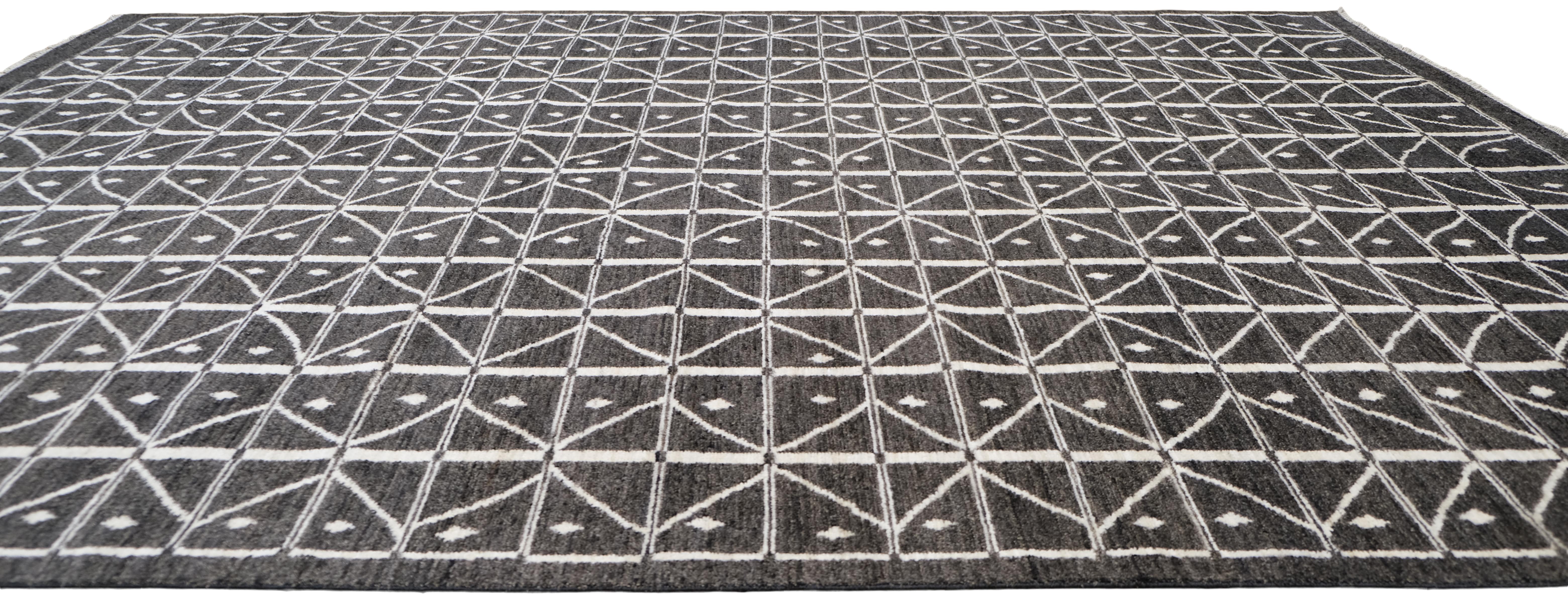 Modern Charcoal Geometrisch  Wollteppich 9'x12'6'' (Moderne) im Angebot