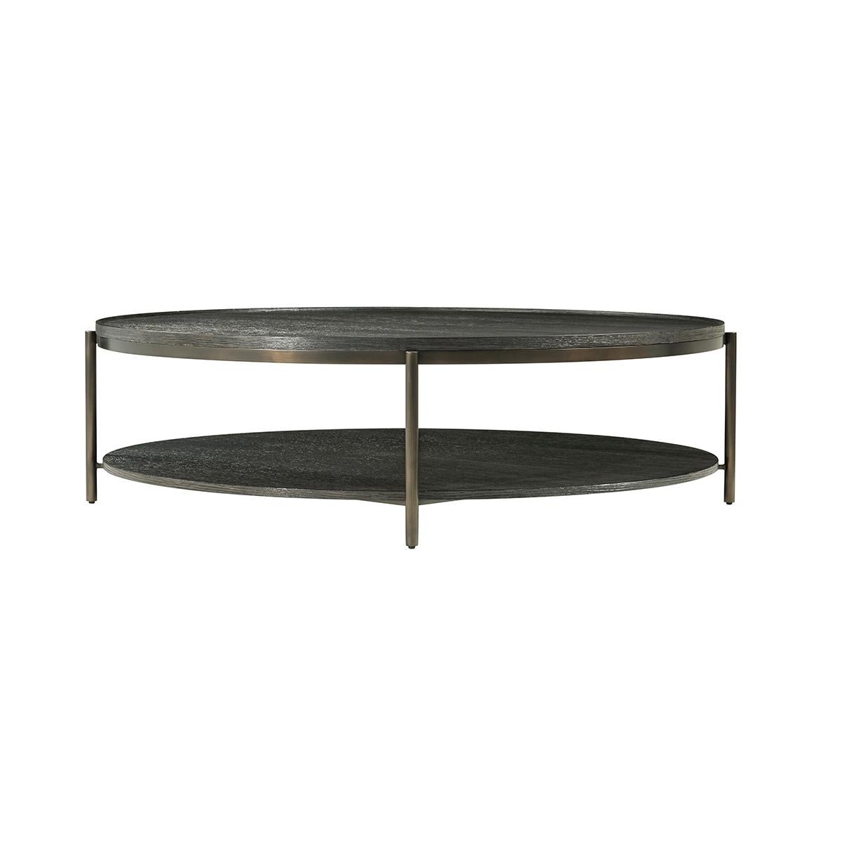 Vietnamese Modern Charcoal Oak Round Coffee Table For Sale