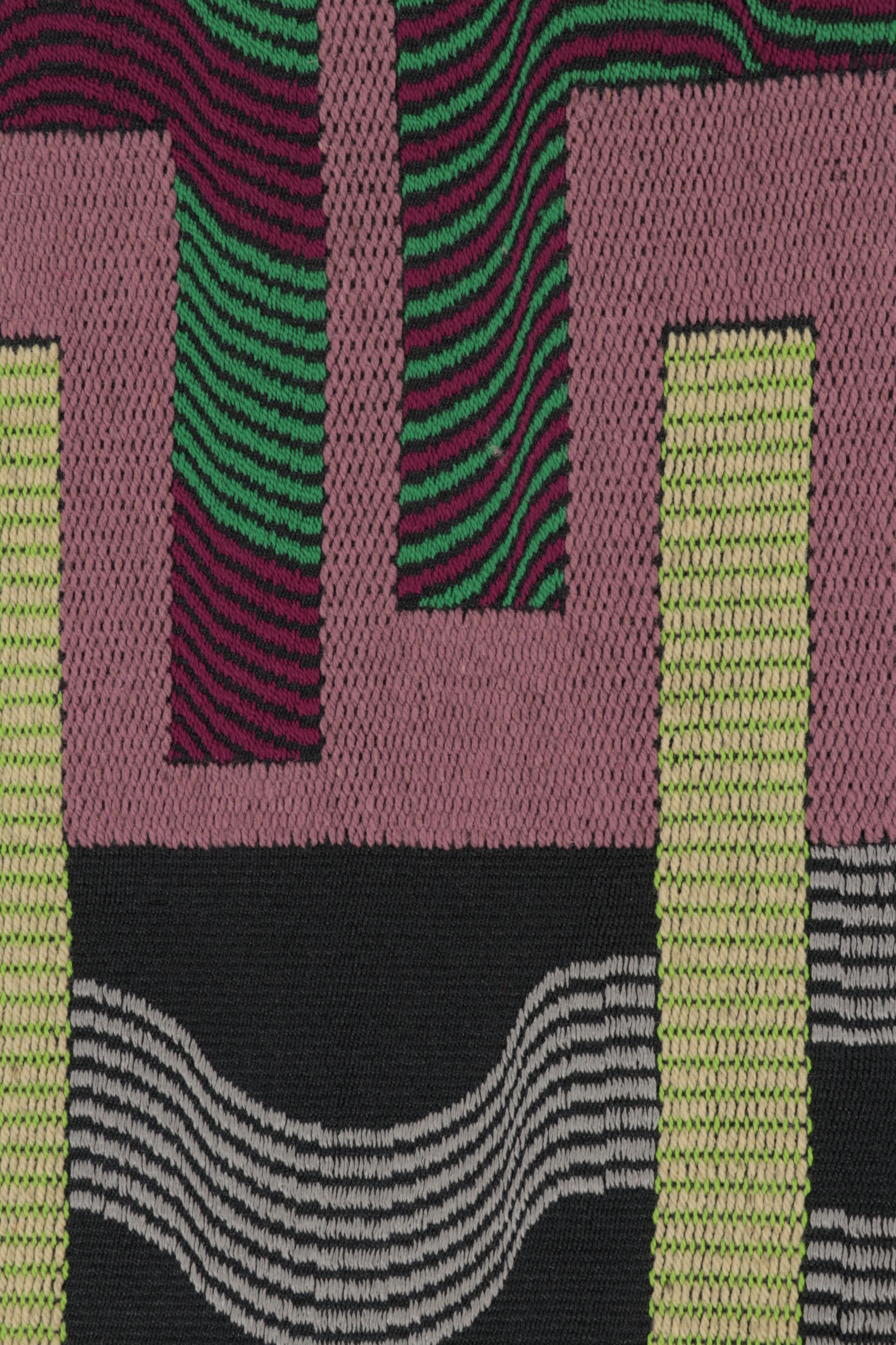 Dieser moderne Wandteppich im Format 5x4 ist ein auffälliges und komplexes Textil, das das charakteristische geometrische Werk der späteren Charlotte Funk (gest. 2023) darstellt. Dieses außergewöhnliche Stück verkörpert den philosophischen Kern