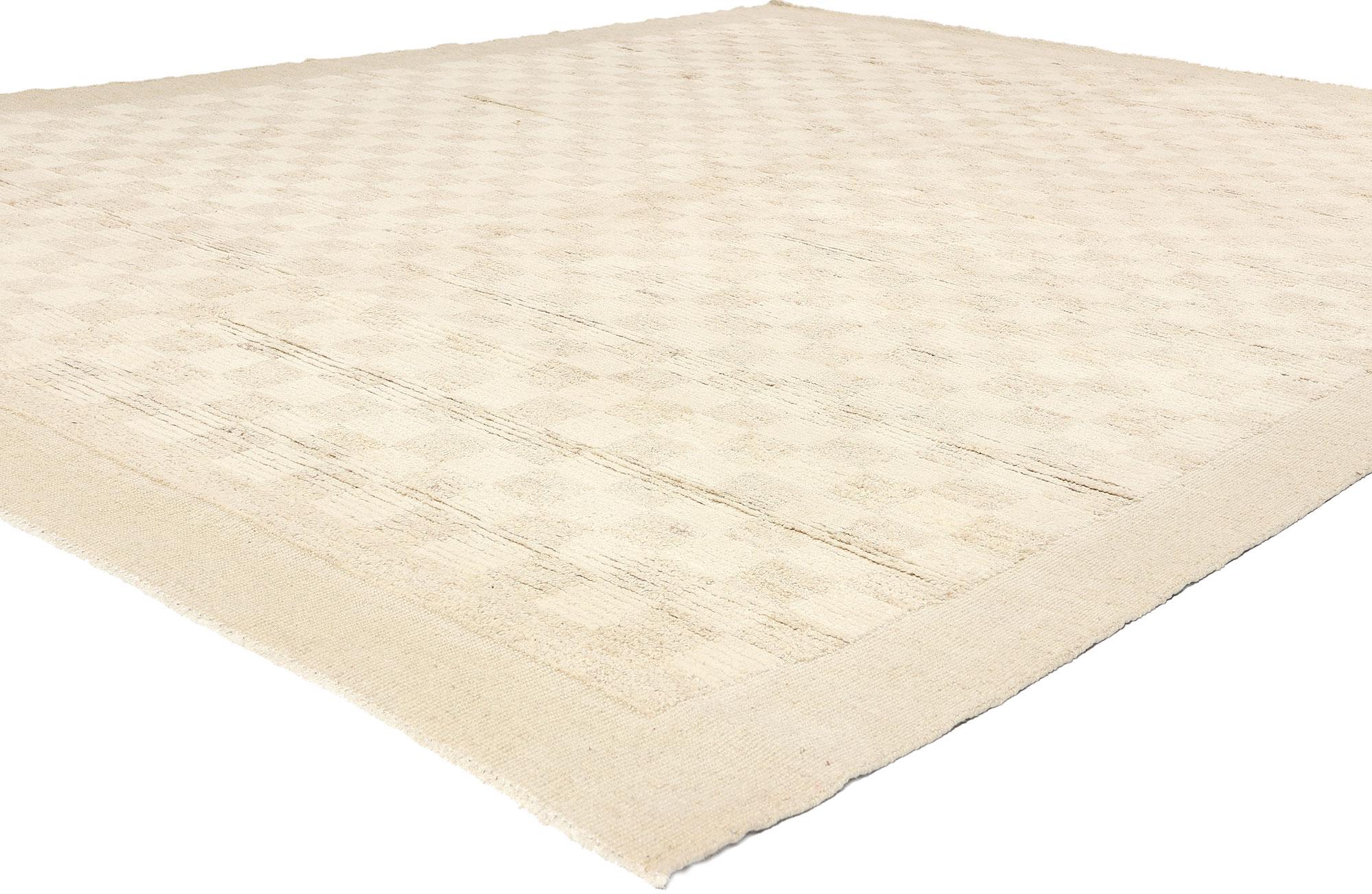 81071 Modern Beige Checkered Moroccan Rug, 09'04 x 12'01. Introducing our exquisite muted tonal beige checkerboard Moroccan rug, a versatile hand-knotted wool masterpiece designed to elevate nearly any interior space with understated elegance.