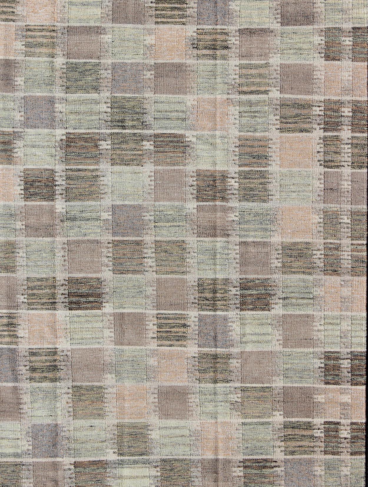 Indian Modern Checkerboard or Patchwork Scandinavian Flat Weave Rug in Neutral Colors For Sale