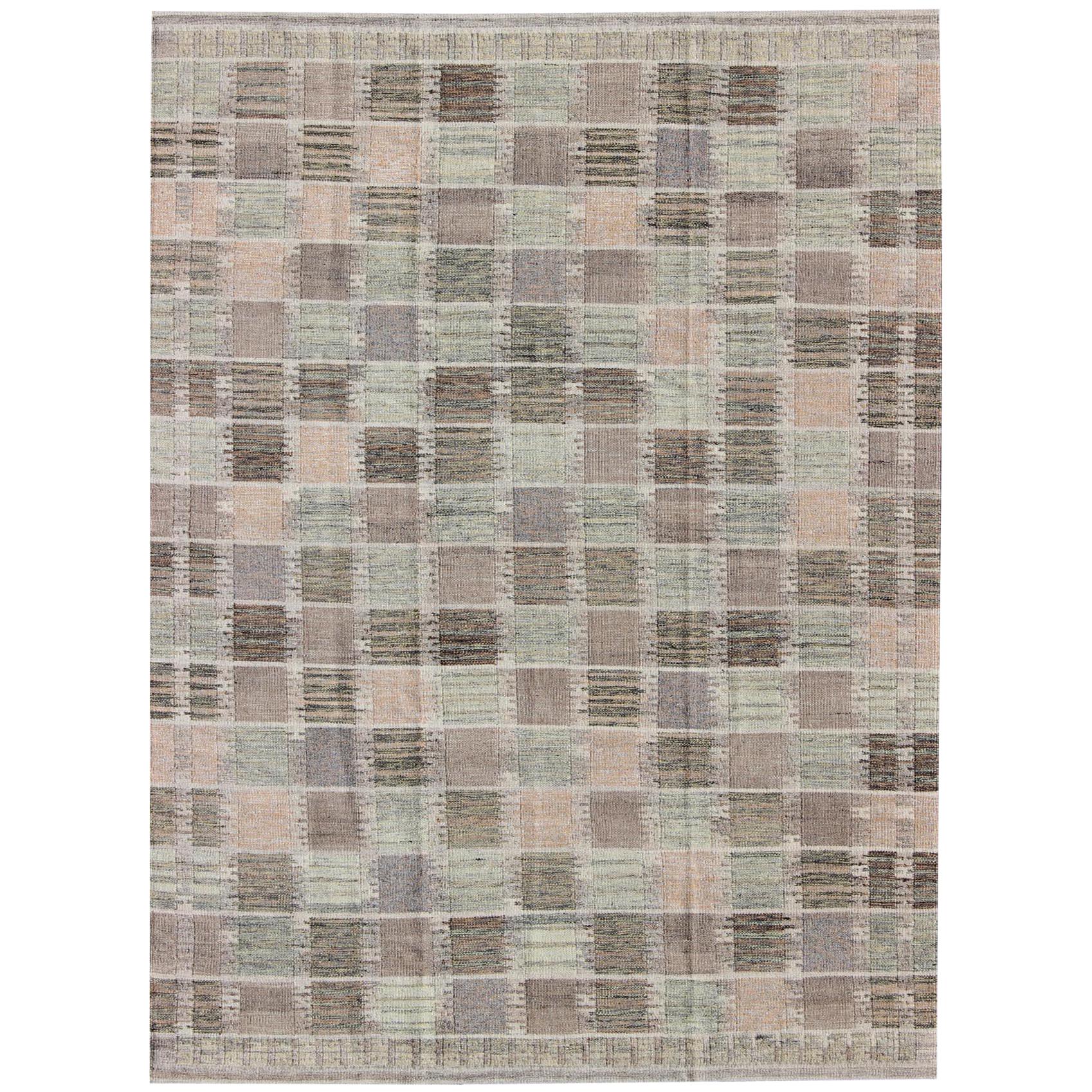 Modern Checkerboard or Patchwork Scandinavian Flat Weave Rug in Neutral Colors