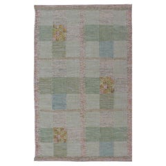 Modern Checkerboard Scandinavian Flat Weave Rug in Shades Of Green Colors