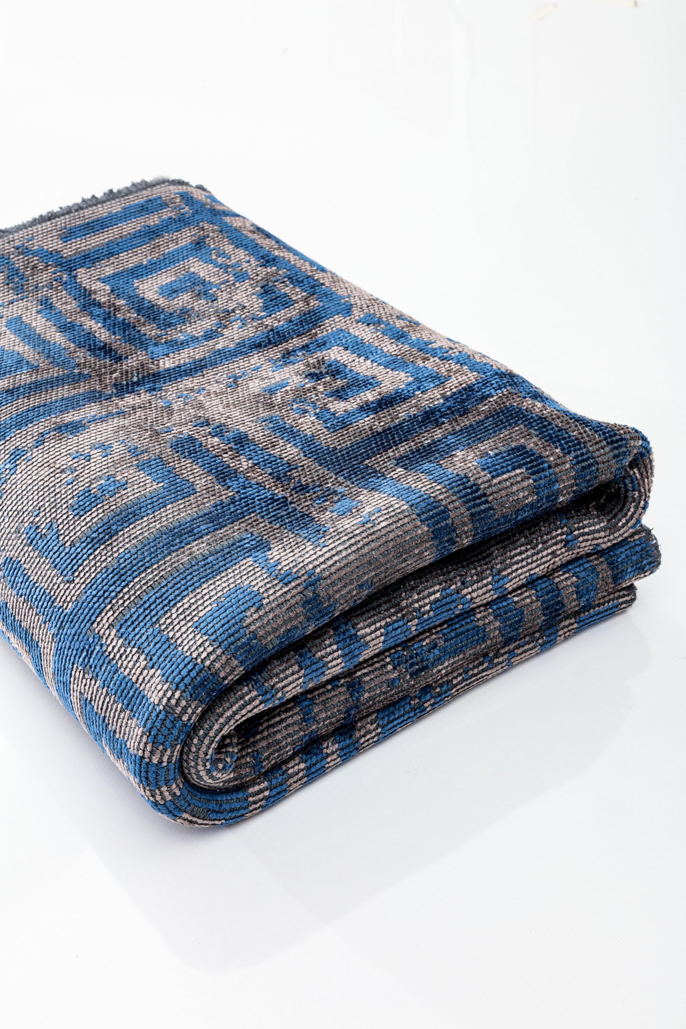 En venta: Moderno  Alfombra de lujo a cuadros  (Azul) 4