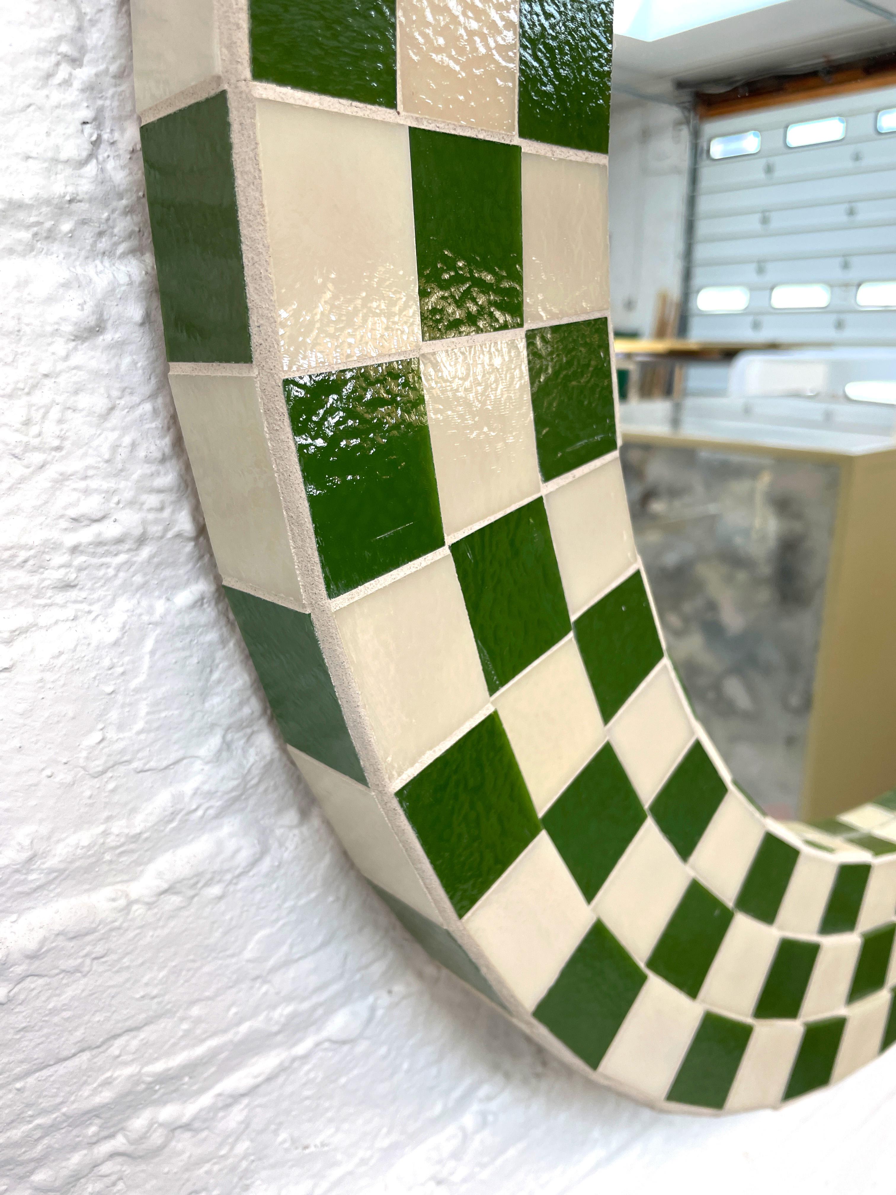 Art Glass Modern Checkered Mosaic Oval Mirror with Green and Ivory Glass by Ercole Home For Sale