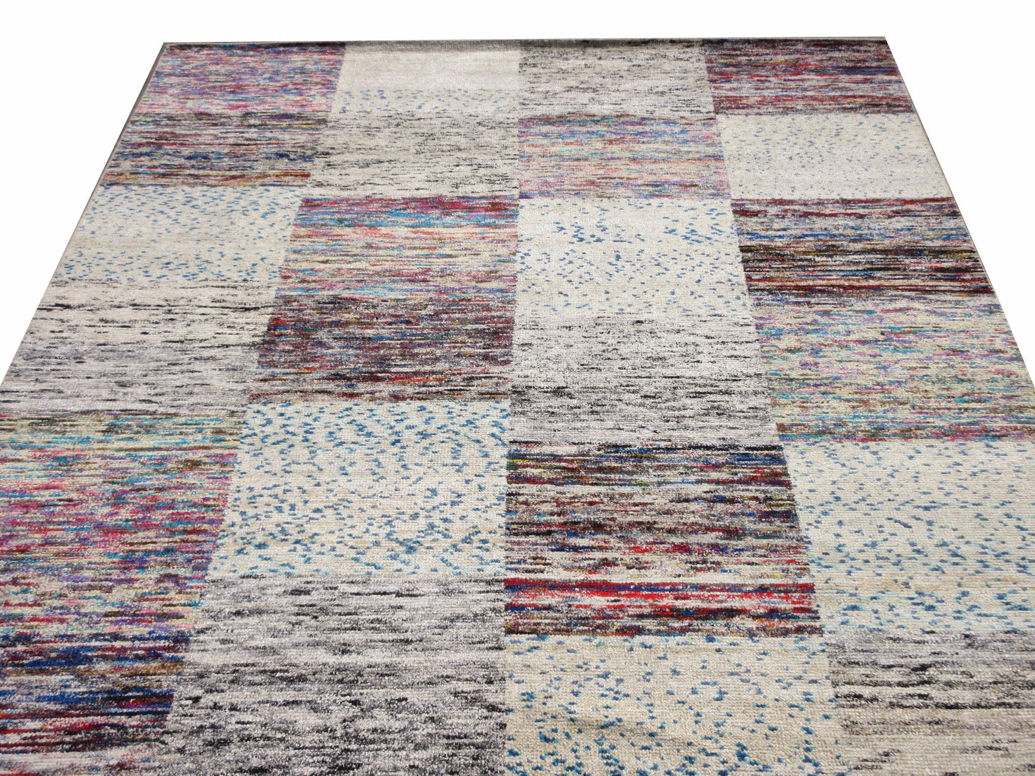 Hand-Knotted Modern Checkered Silk Rug For Sale