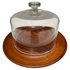 Modern Cheese Server Cloche Teak Base Clear Glass Dome Mid Century Modern
