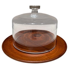 Modern Cheese Server Cloche Teak Base Clear Glass Dome Mid Century Modern